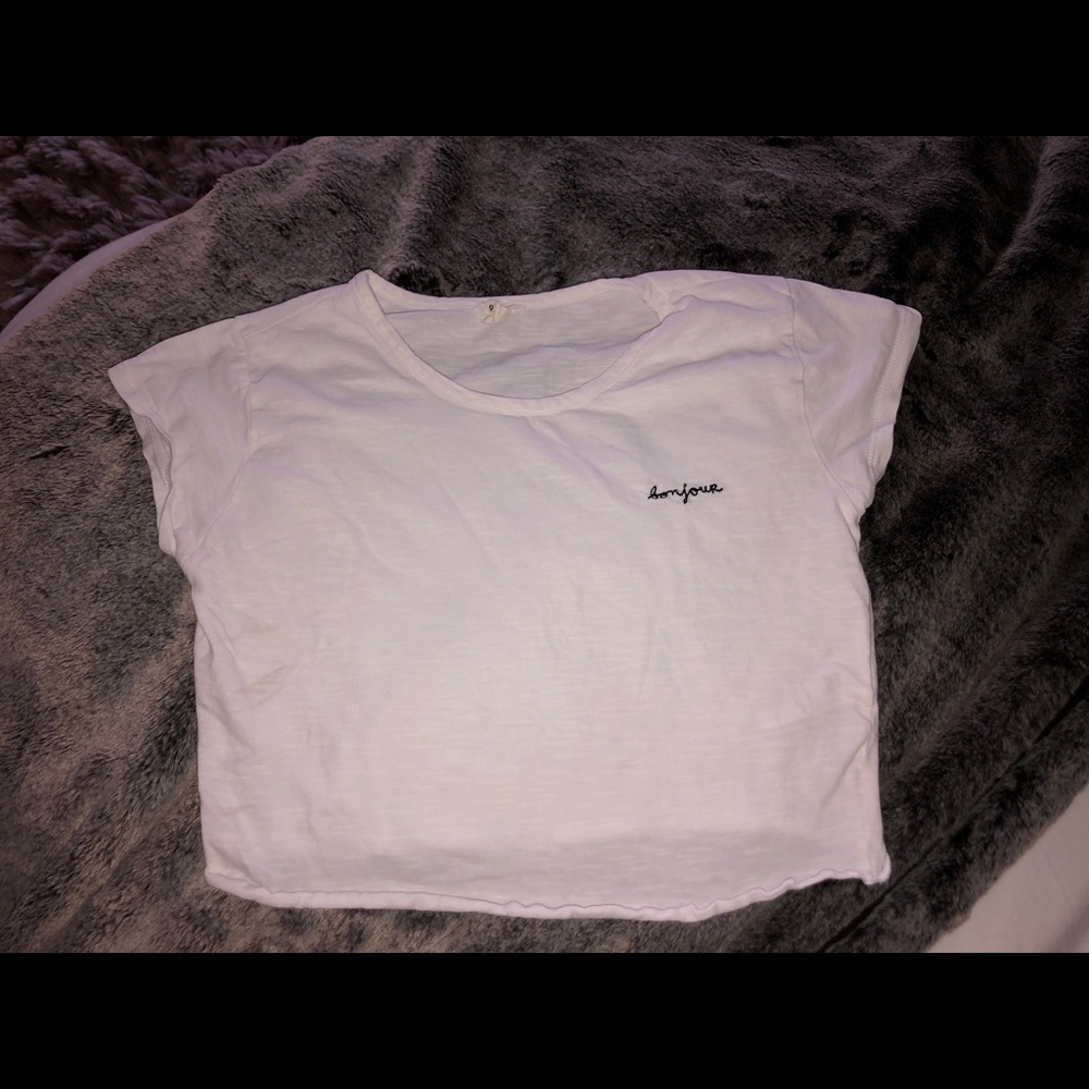 Garage xs white crop top t-shirt Tee “Bonjour”
